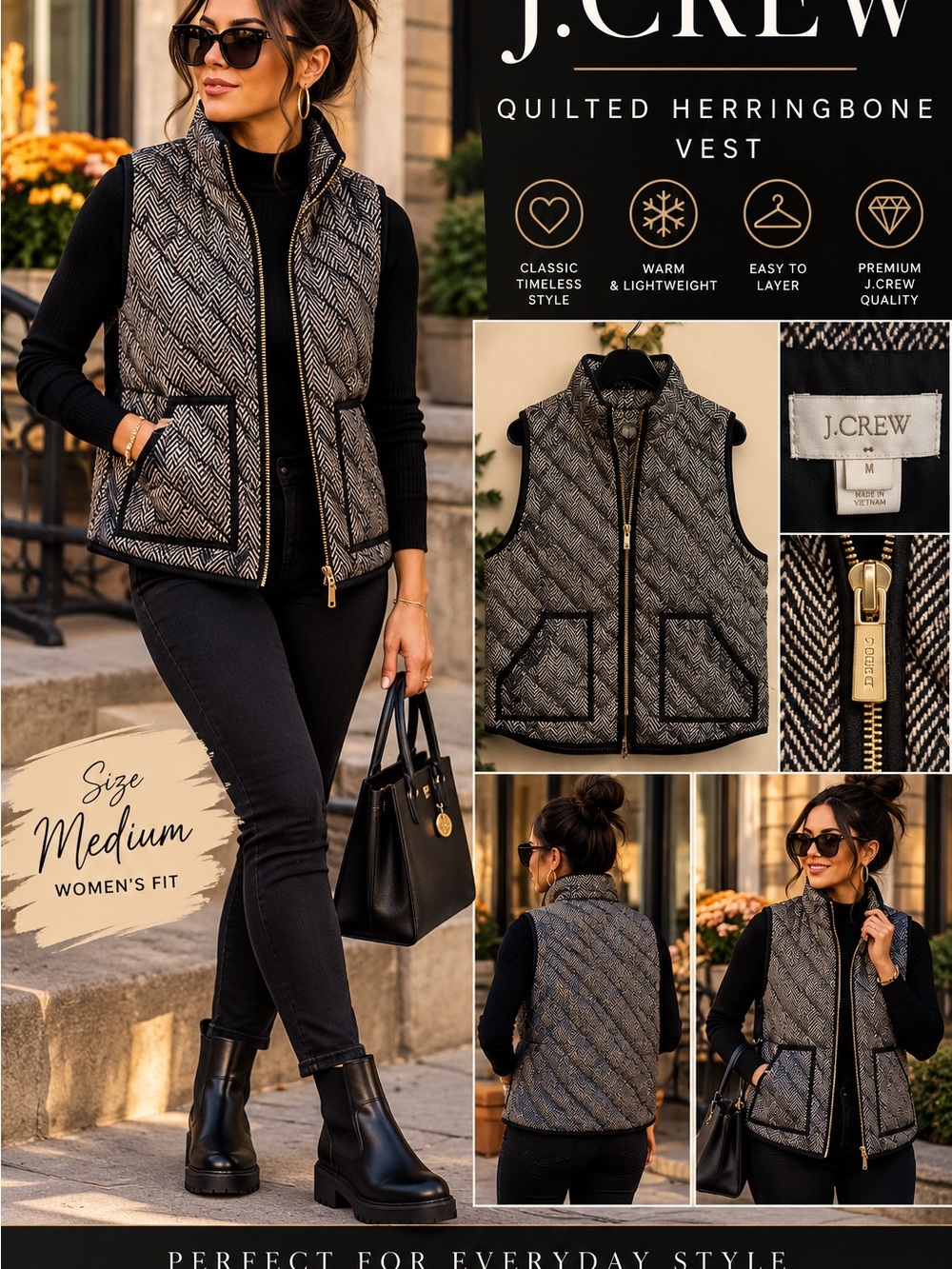 J.Crew Herringbone Quilted Vest Black Cream Gold Zip Women’s M